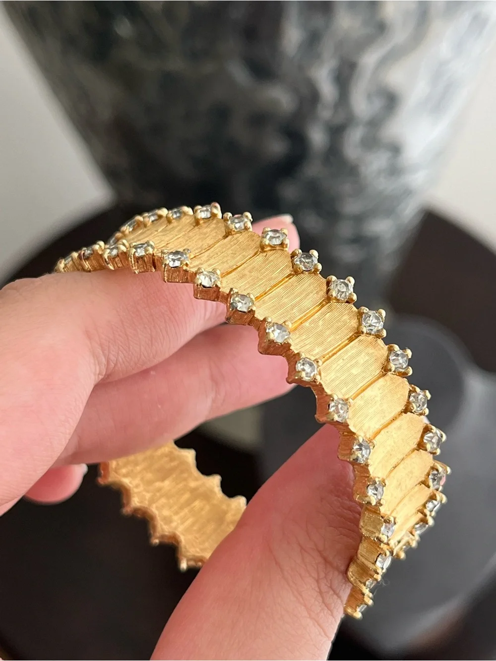 Vintage Joseph Mazer 40s Jomaz Rhinestone Tip Brushed Gold Cuff Bangle Bracele